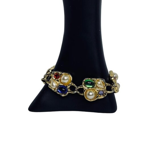 Chunky Gold Tone, Faux Pearl, Rhinestones & Cabochons Link Bracelet (5395) - Picture 3 of 5